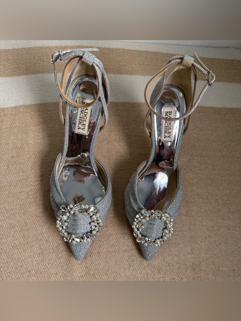 Badgley Mischka Silver Crystal-Pearl Embellished Pointed Toe Ankle Strap Heels